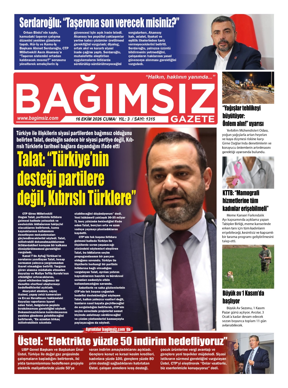 Bağımsız Gazete Manşet — 16 Ekim Cuma