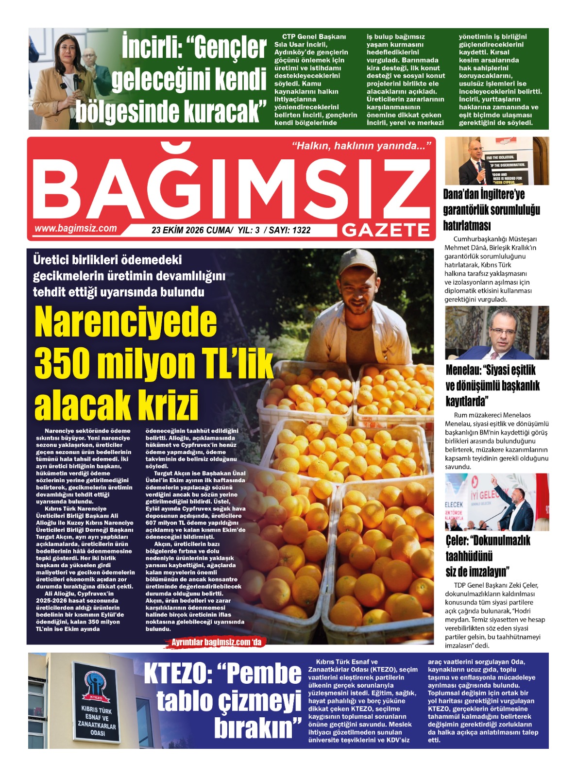Bağımsız Gazete Manşet — 24 Ekim Cumartesi